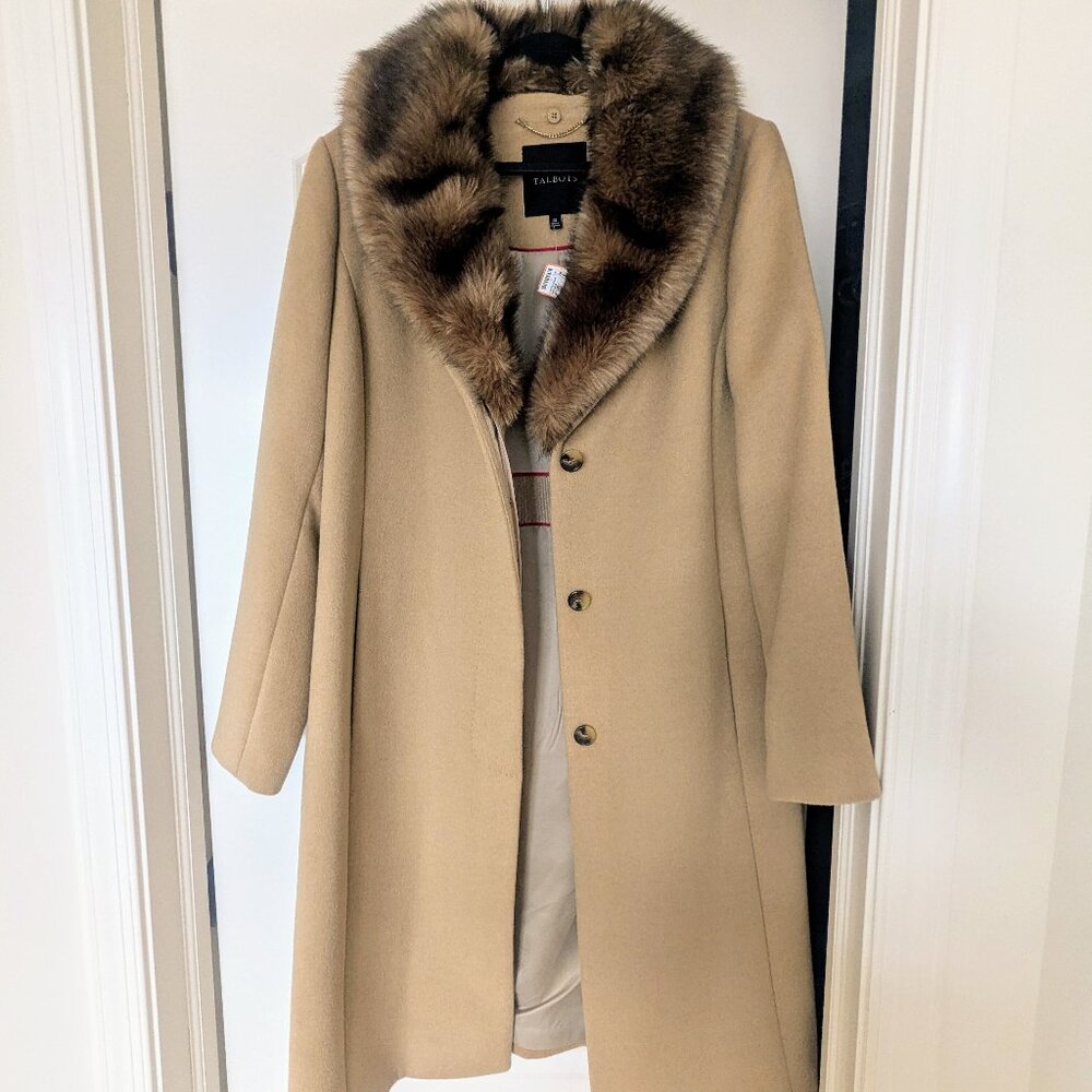 Talbot's Camel Wool Fur Detachable Collar Tie Belt Coat